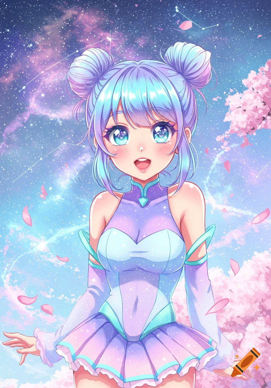 Anime girl with blue-purple space buns and big blue eyes, wearing a sparkly outfit, in a starry sky with cherry blossoms.