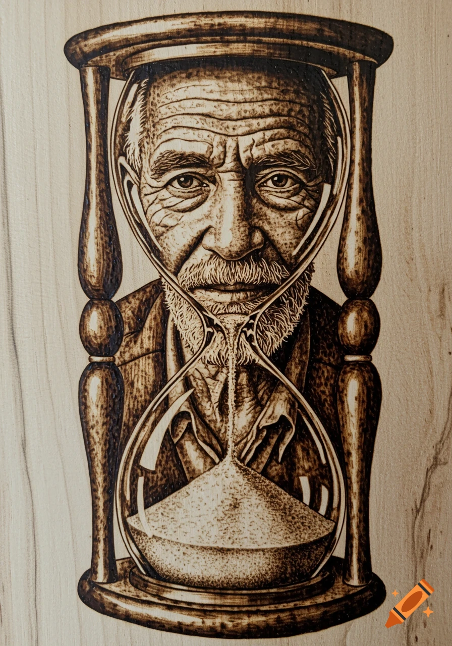 Wood burning art of an old man's face integrated into an hourglass with sand flowing.