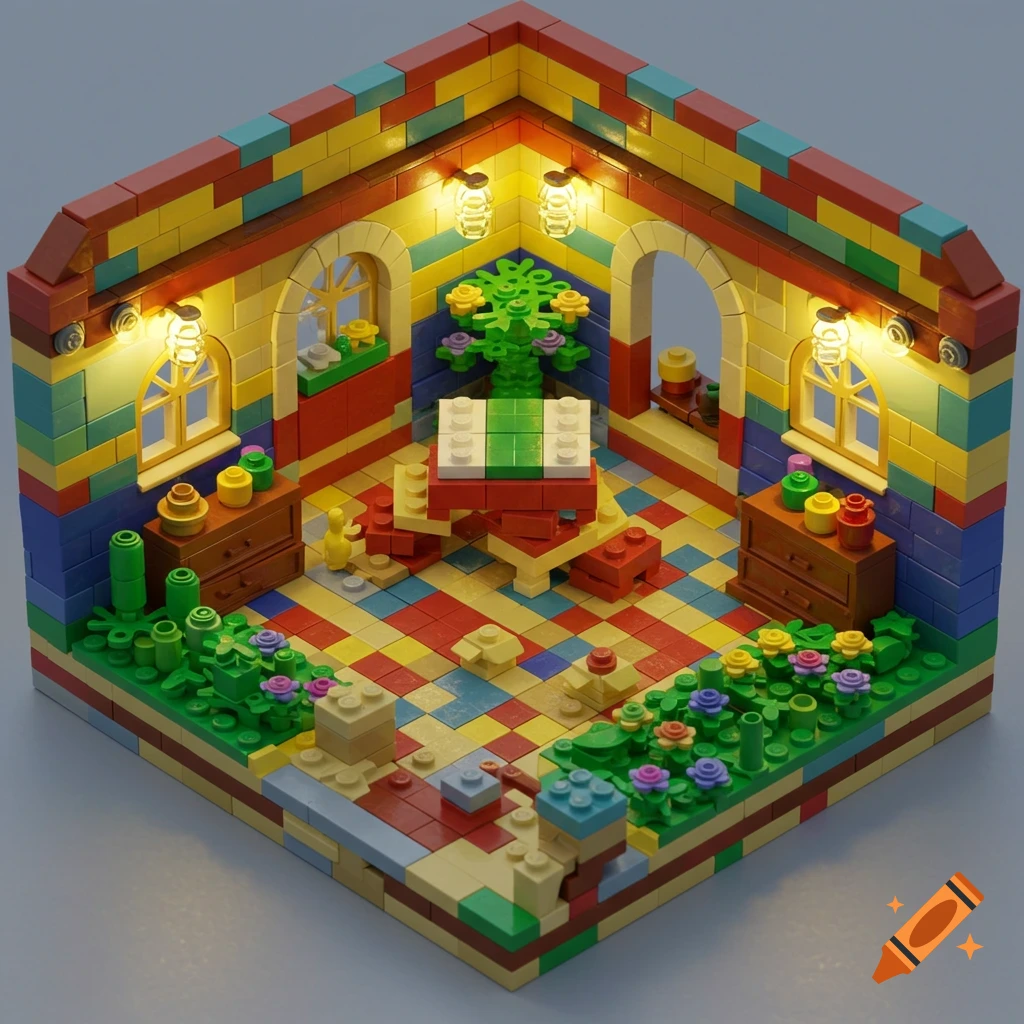 Isometric view of a colorful LEGO room with windows, furniture, and plants, illuminated by lights.