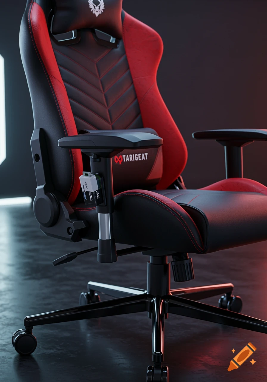 Close-up photorealistic shot of a black and red gaming chair with a headrest logo and 'TARIGEAT' on the lumbar pillow.