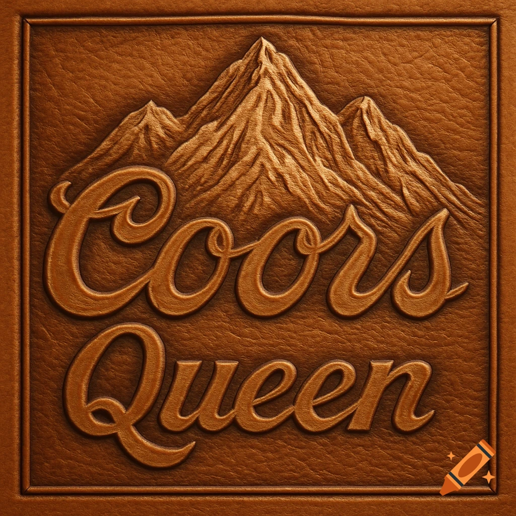 A brown leather carving with the word Coors in a script font above the word Queen, all embossed above stylized mountains.