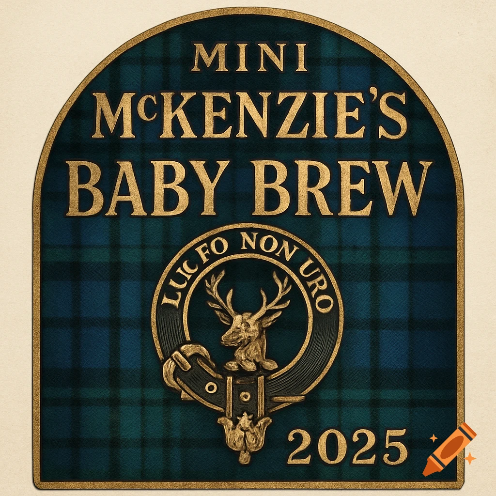 An arched, dark teal and green McKenzie tartan label with golden embossed text reading "Mini McKenzie's Baby Brew 2025" and a stag crest with "Luceo Non Uro".
