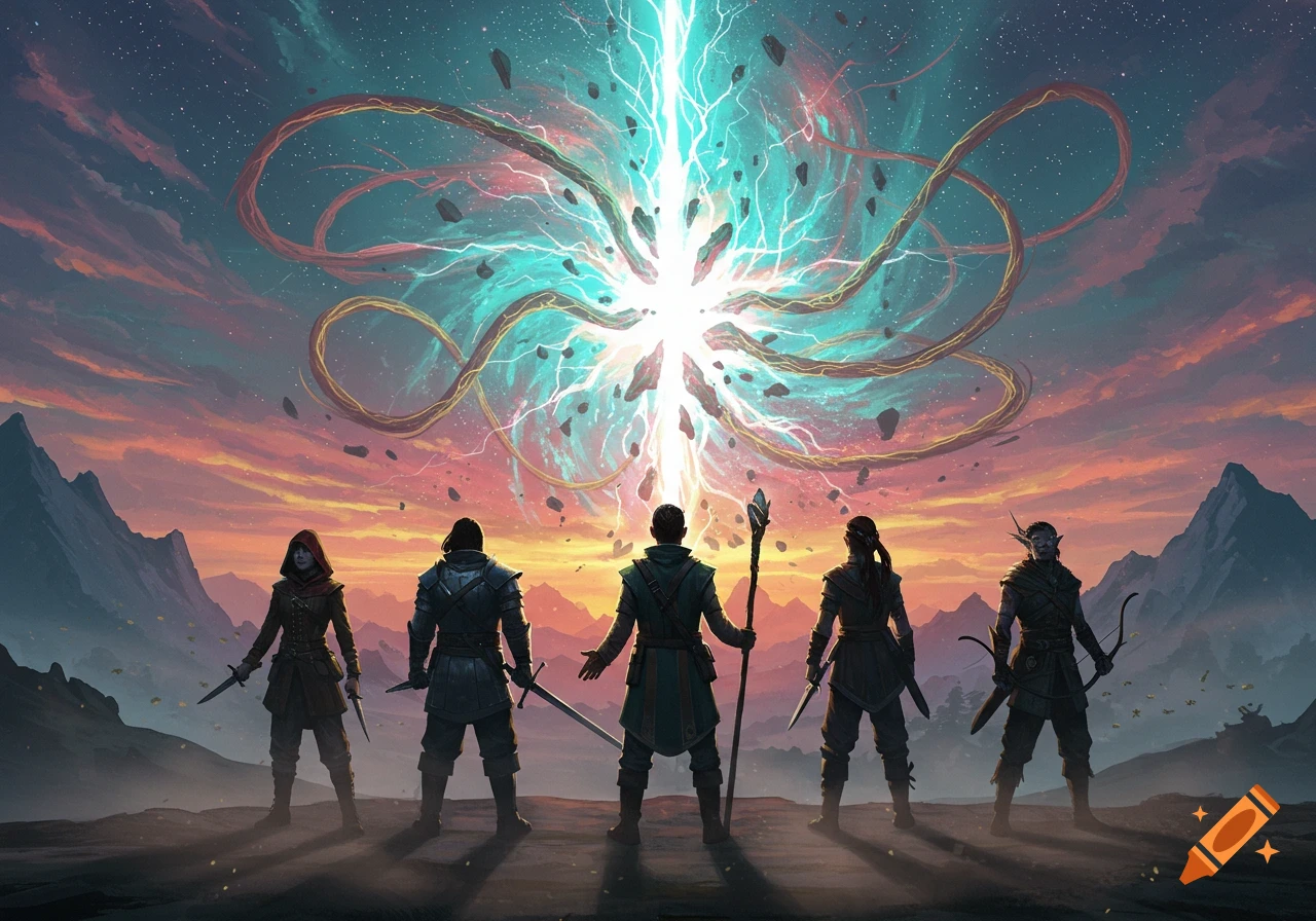 Five adventurers face a glowing magical rift with swirling energy and floating debris in a dramatic sky over mountains.