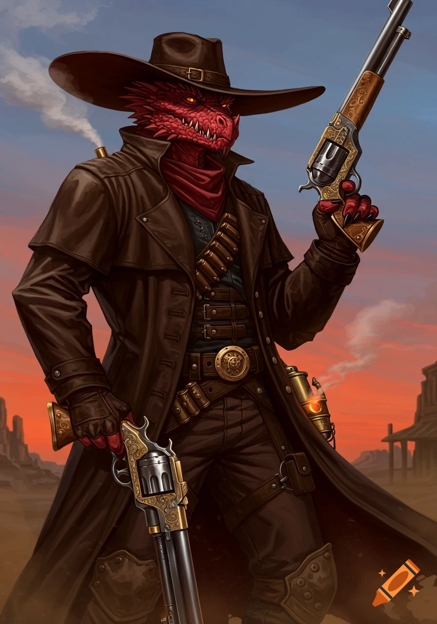 A red dragonborn gunslinger in a cowboy hat and duster coat holds two large revolvers in a western landscape.