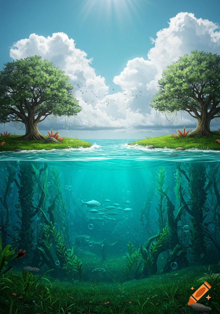 A split image showing green islands with trees and birds under a blue sky above water, and a vibrant underwater scene with fish and kelp below.