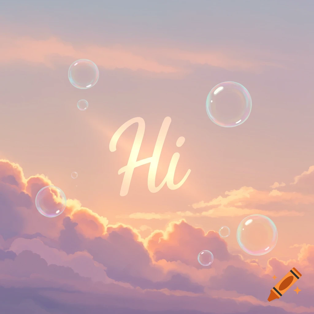 The word 'Hi' in white script against a pastel pink and purple sky with orange clouds and floating bubbles.
