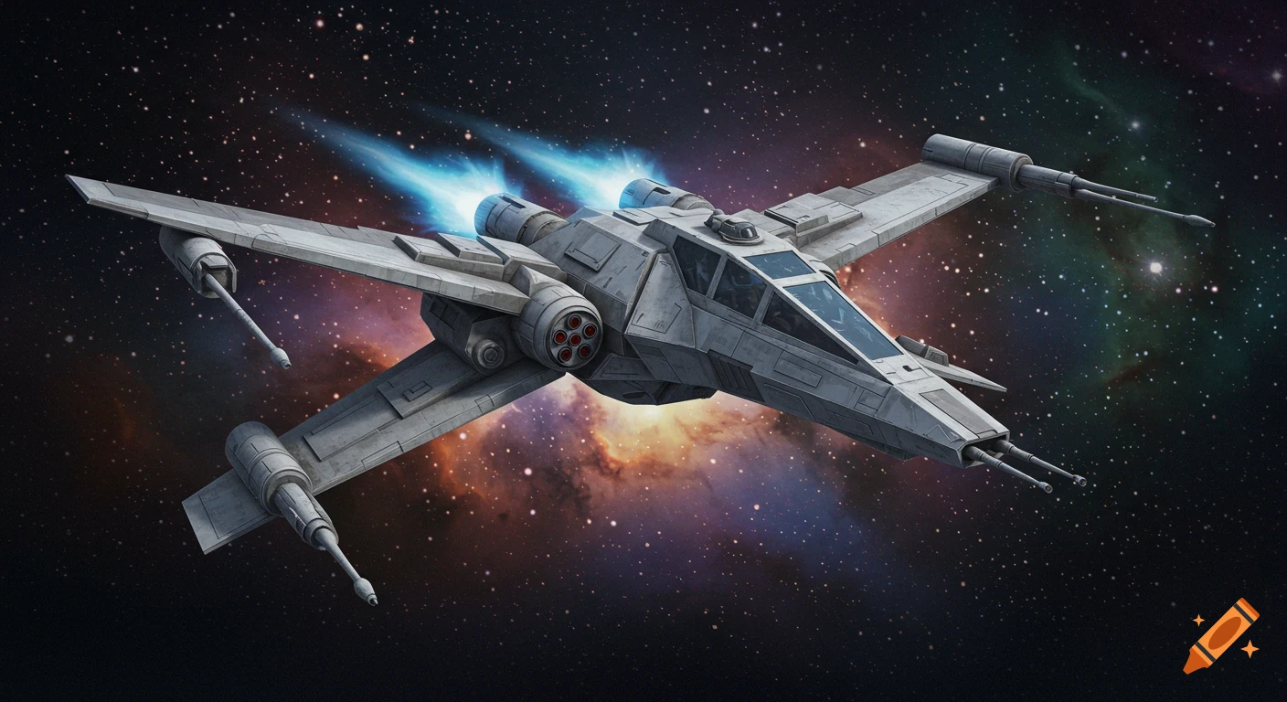 A sleek, grey-white starfighter with glowing blue thrusters flying through deep space with a colorful nebula in the background.