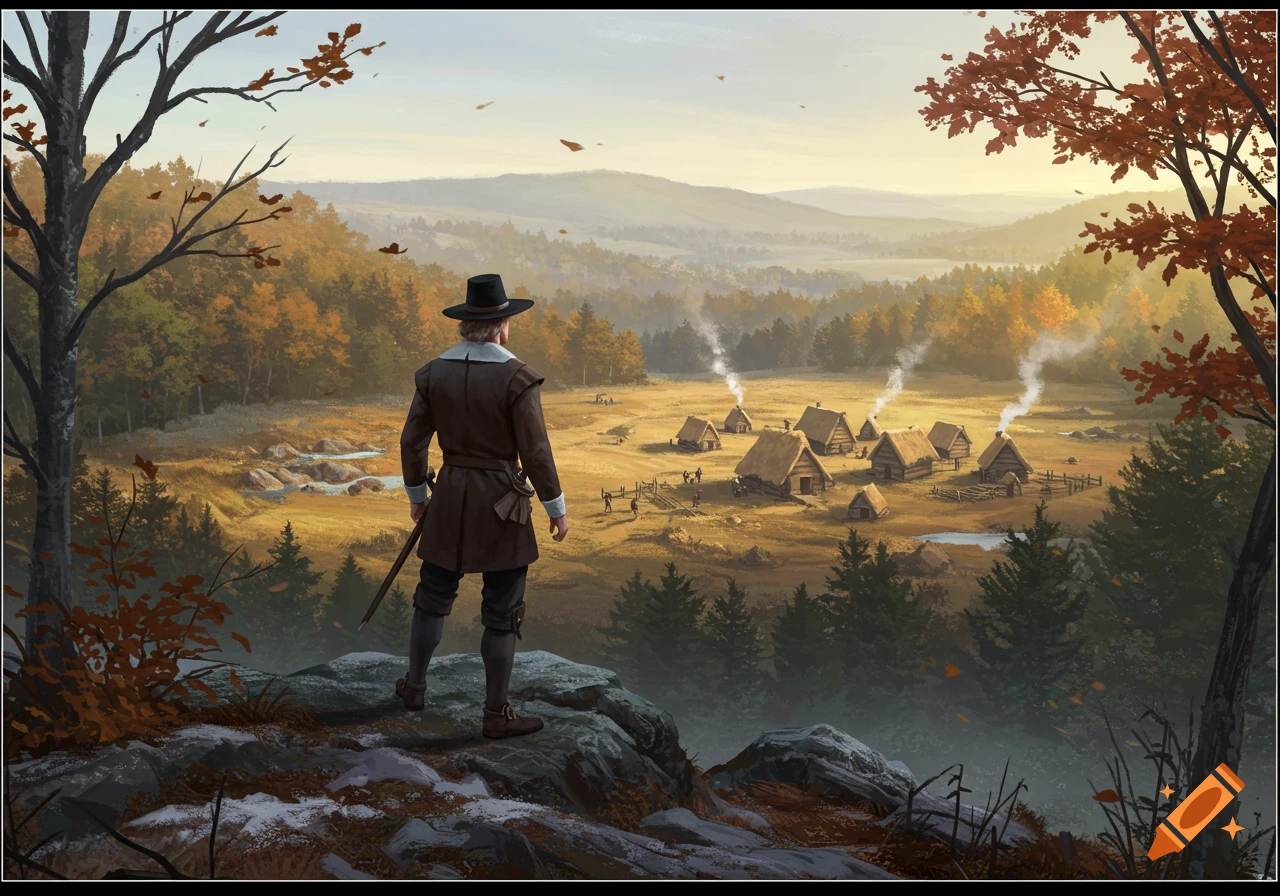 A Pilgrim-like man overlooks an autumn valley with a colonial settlement from a rocky hill.