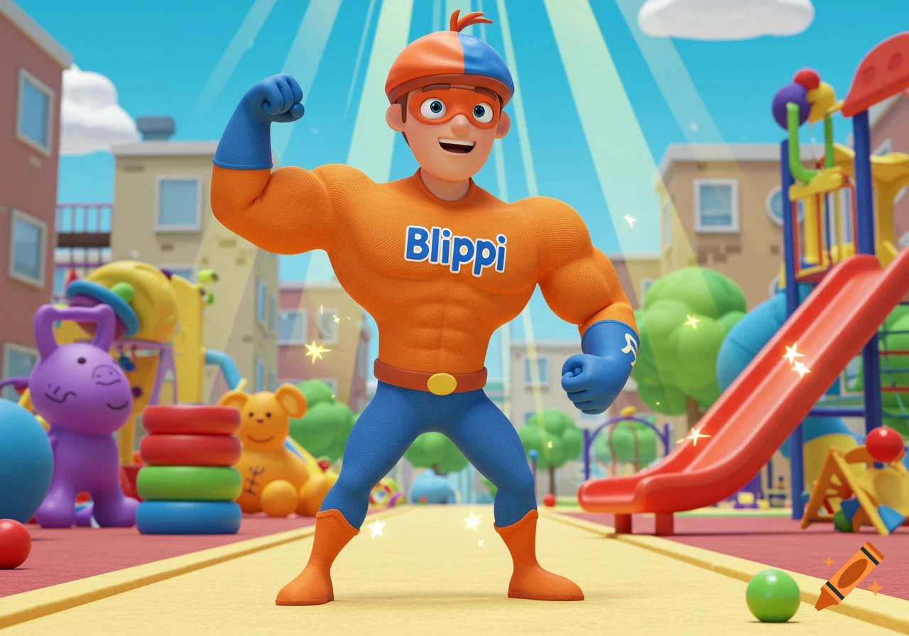 Muscular cartoon character Blippi flexing in a vibrant playground.