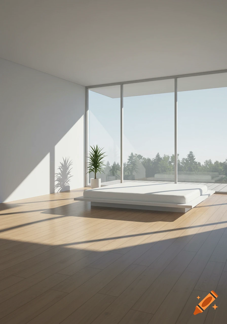 A bright, modern, minimalist bedroom with a low white bed, potted plant, and large windows overlooking a forest.