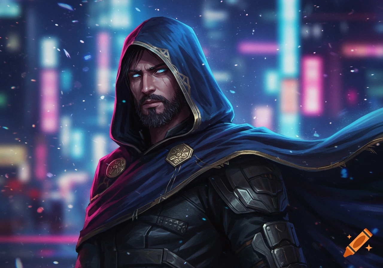 Anime-style portrait of a bearded man in a hooded blue cloak with glowing eyes, against a blurred neon city backdrop.