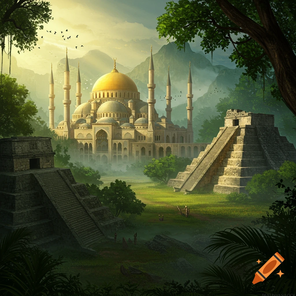 A grand Byzantine-style mosque with a golden dome stands amidst a lush green jungle, flanked by ancient Mayan pyramids under a glowing sky.