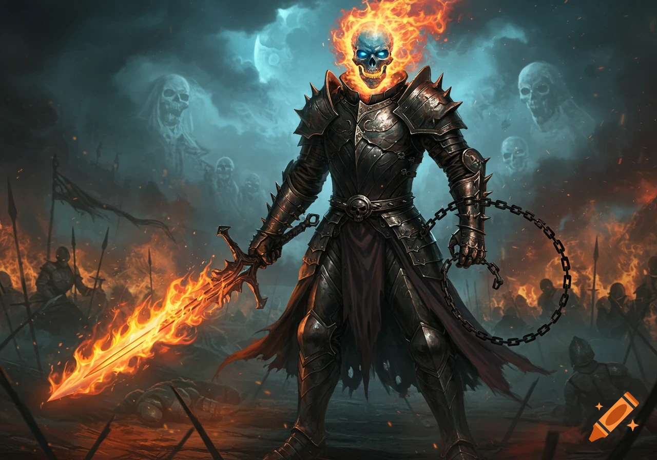 A fiery skeletal knight in dark armor holding a flaming sword and chain, standing on a chaotic, burning battlefield with ghostly figures.