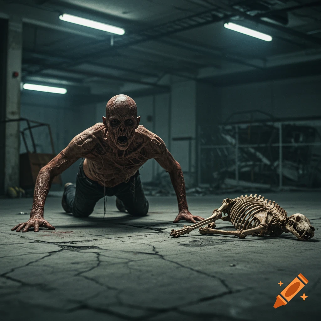 A bald, skinless zombie-like creature crawls on a cracked floor in a dark, abandoned building, with a dog skeleton nearby. Photorealistic.