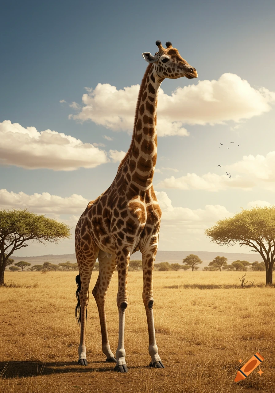 A majestic photorealistic giraffe stands tall in a sunlit savanna with scattered trees and a cloudy sky.