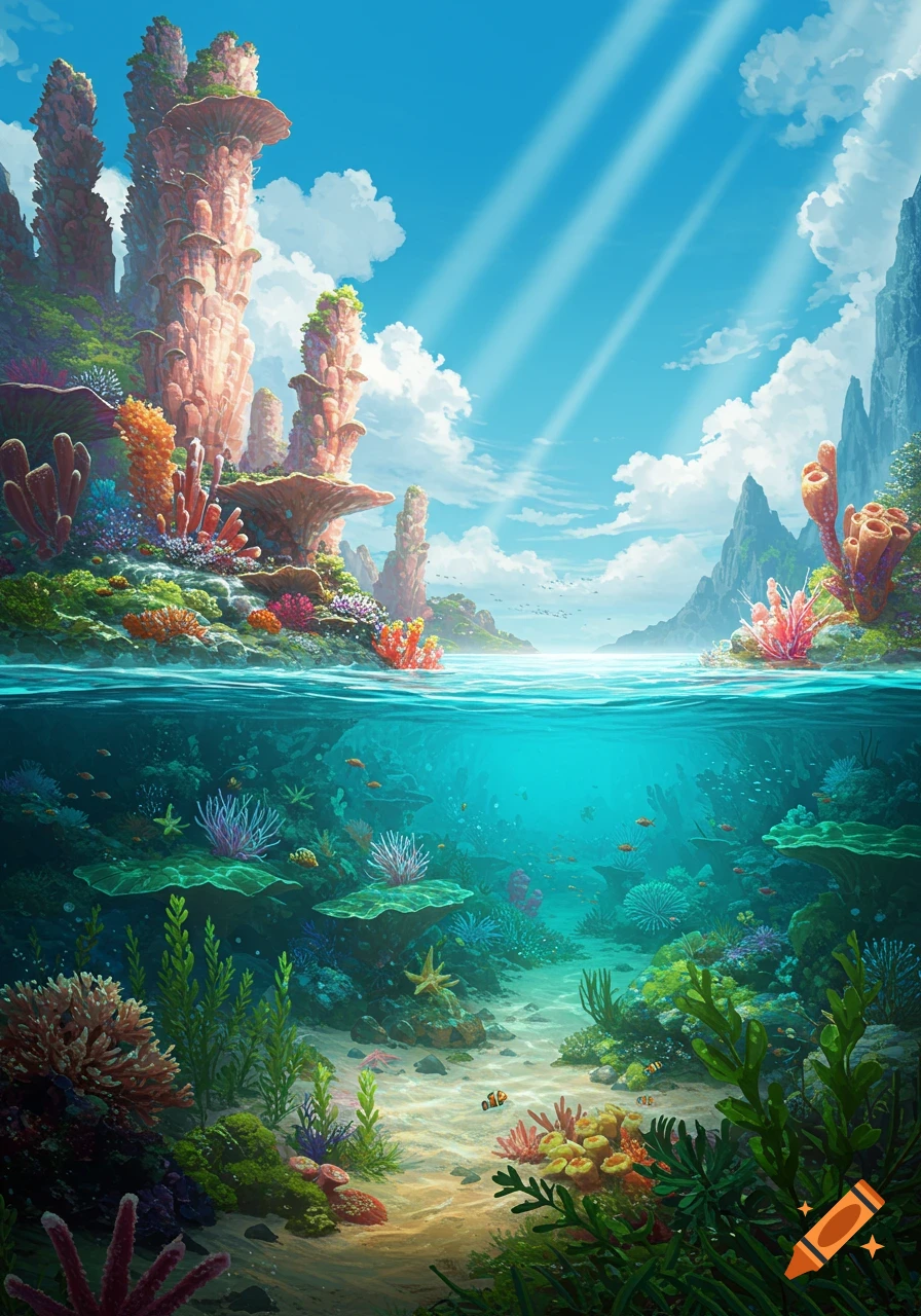 Vibrant split view of an ocean scene, showing colorful coral reefs and fish underwater, and tall, coral-like rock formations above water under a bright blue sky with sun rays.