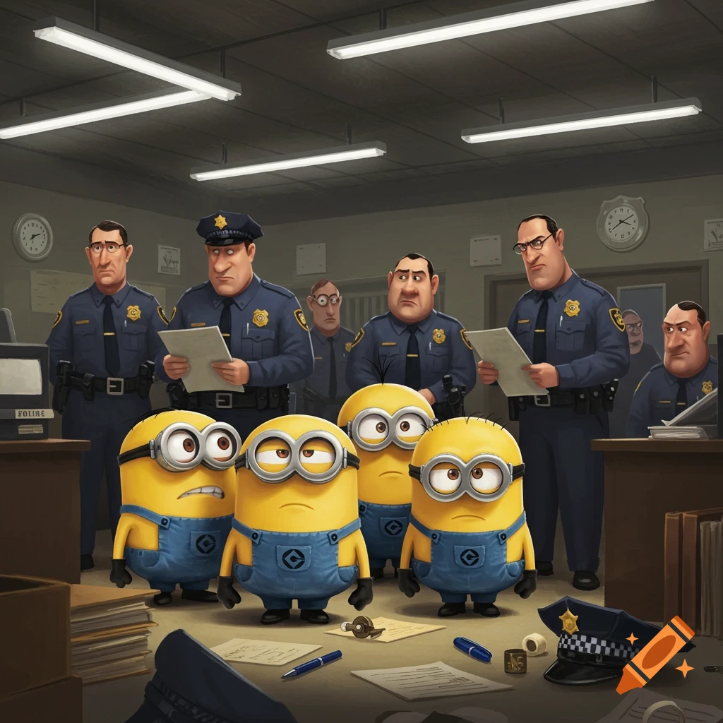 Cartoon minions look distraught in a police station interrogation room, surrounded by stern-looking police officers.