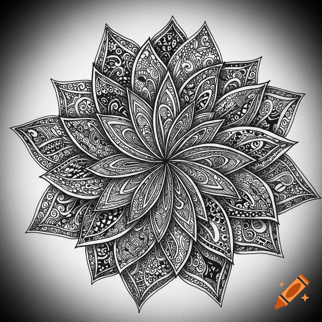 A detailed black and white zentangle drawing of an abstract flower with intricate patterns.