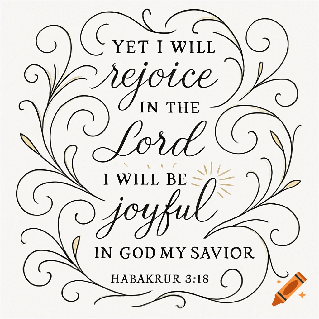 Decorative line art with a religious quote in elegant script: "Yet I will rejoice in the Lord, I will be joyful in God my Savior Habakrur 3:18."