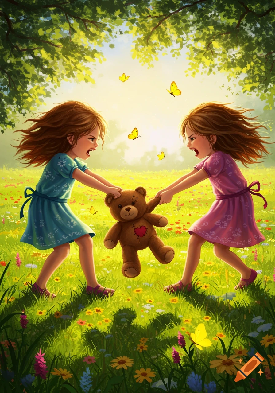 Two angry young girls in colorful dresses tugging at a teddy bear in a sunny grassy field with trees and butterflies, in an illustrated style.