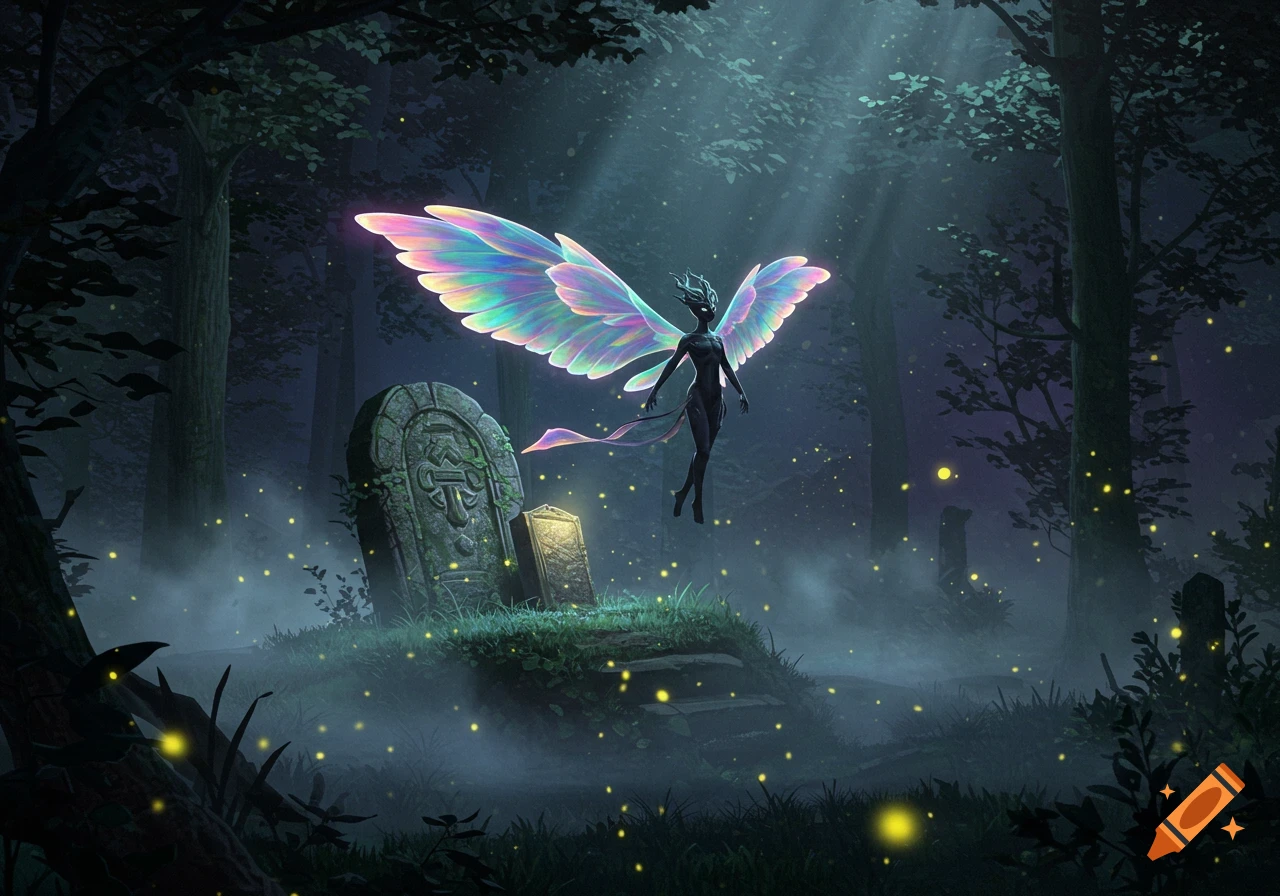 A fairy-like creature with iridescent wings floats over a misty graveyard at night, illuminated by glowing fireflies.
