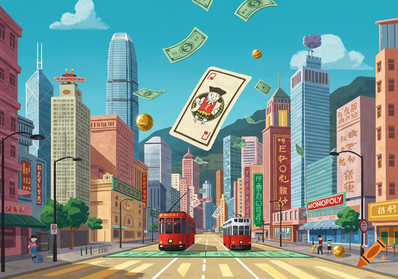 A cartoon cityscape resembling Hong Kong, with skyscrapers and trams, featuring floating Monopoly money and a large playing card, all set on a Monopoly board street.