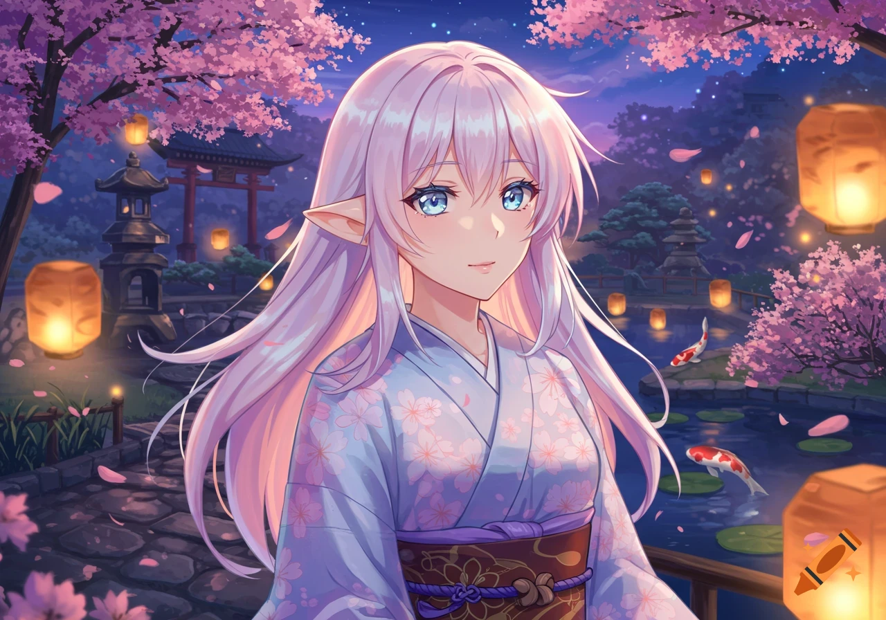 An anime elf girl with long lavender hair in a kimono, standing in a moonlit cherry blossom garden with lanterns and koi pond.