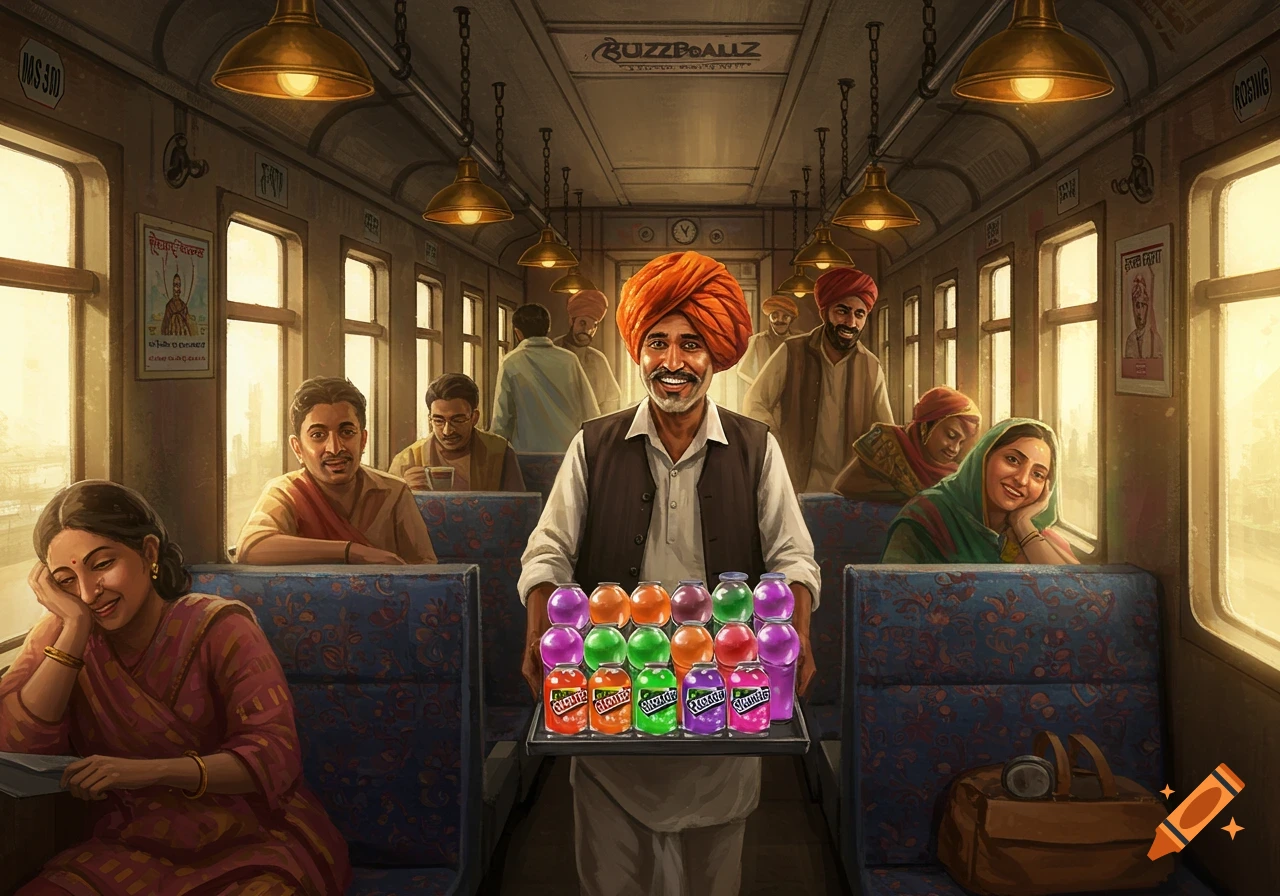 An illustration of a man in an orange turban selling colorful drinks on a train, surrounded by other passengers.