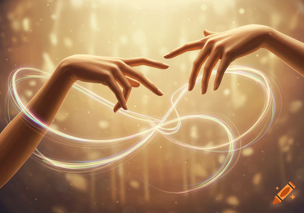 Two hands reaching towards each other, connected by swirling, colorful light trails on a glowing gold background in a digital art style.