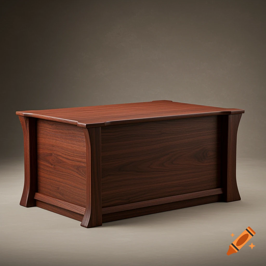 A photorealistic dark brown wooden chest with curved supports against a muted background.