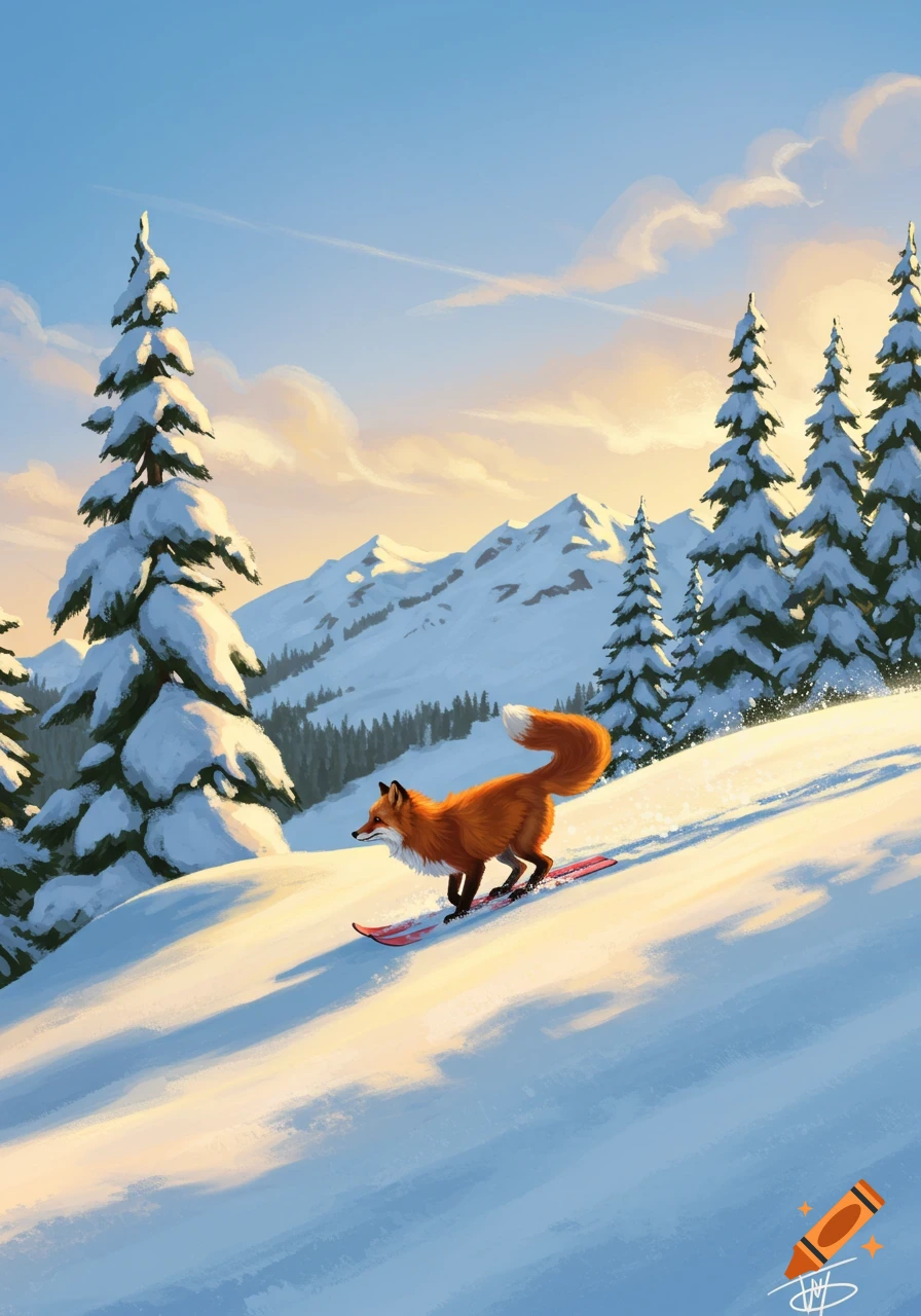 An orange fox skis down a snow-covered mountain, surrounded by pine trees under a blue sky with soft, warm clouds.
