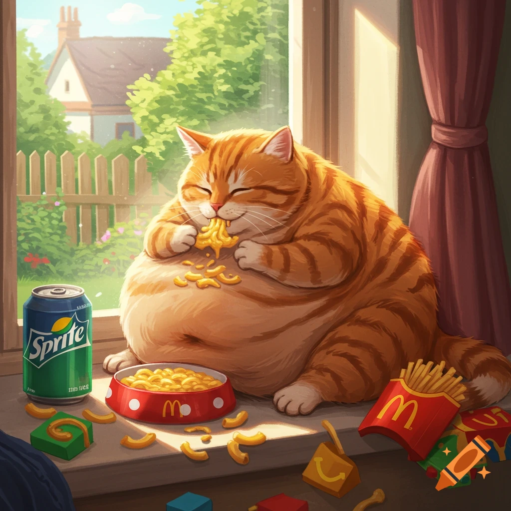 A very fat orange tabby cat joyfully eats macaroni and cheese, french fries, and drinks Sprite by a sunlit window.