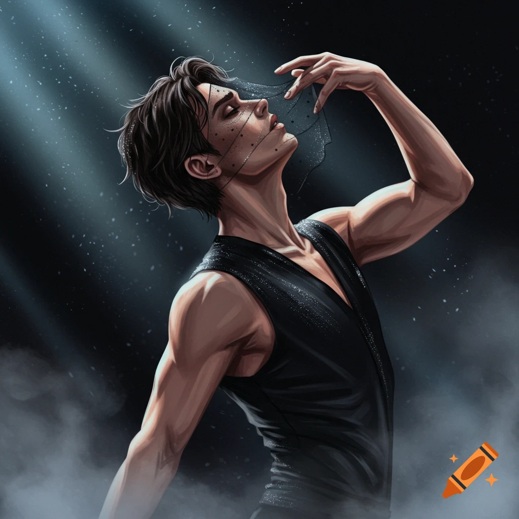 An artistic depiction of a dark-haired male dancer in a black sleeveless shirt, head tilted back, gently holding a sheer black veil to his face under dappled light.