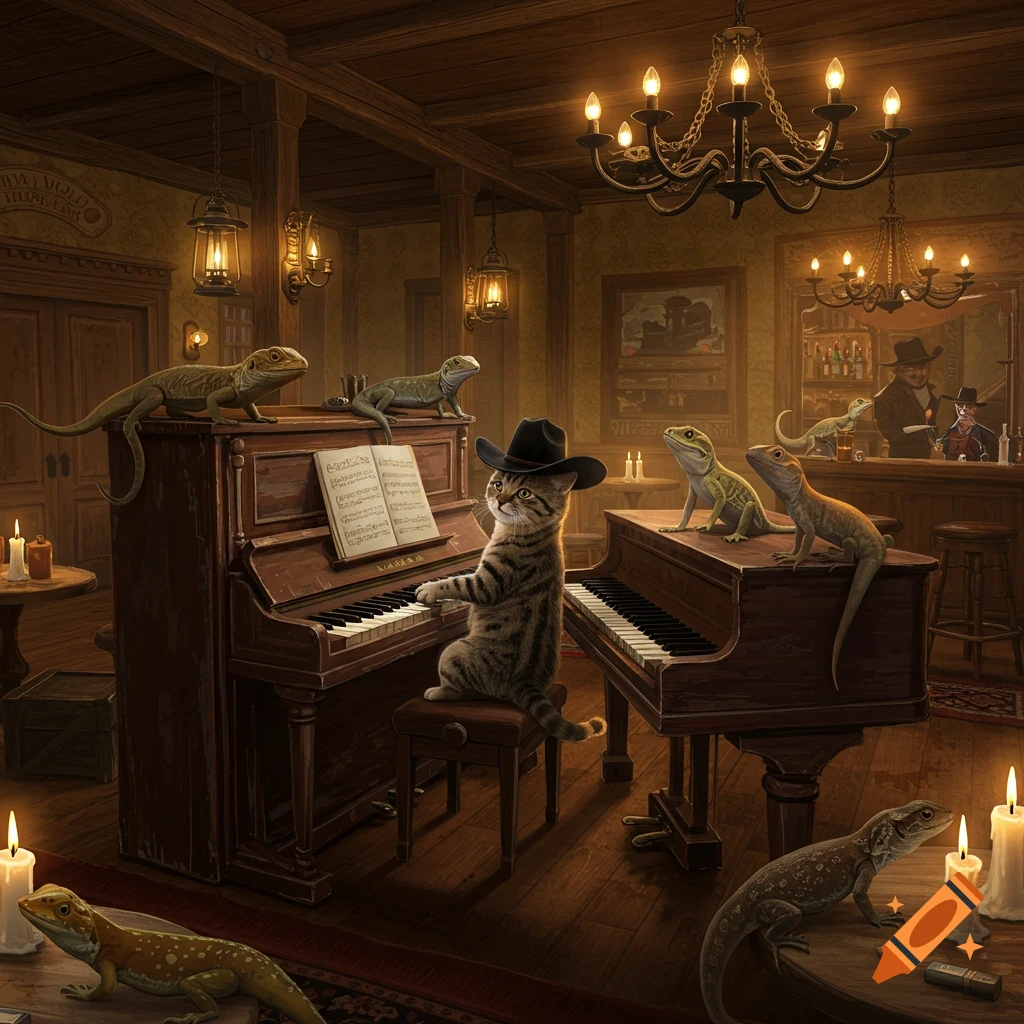 A tabby cat in a cowboy hat plays a piano in a dimly lit western saloon, surrounded by lizards on and around the instruments and furniture.