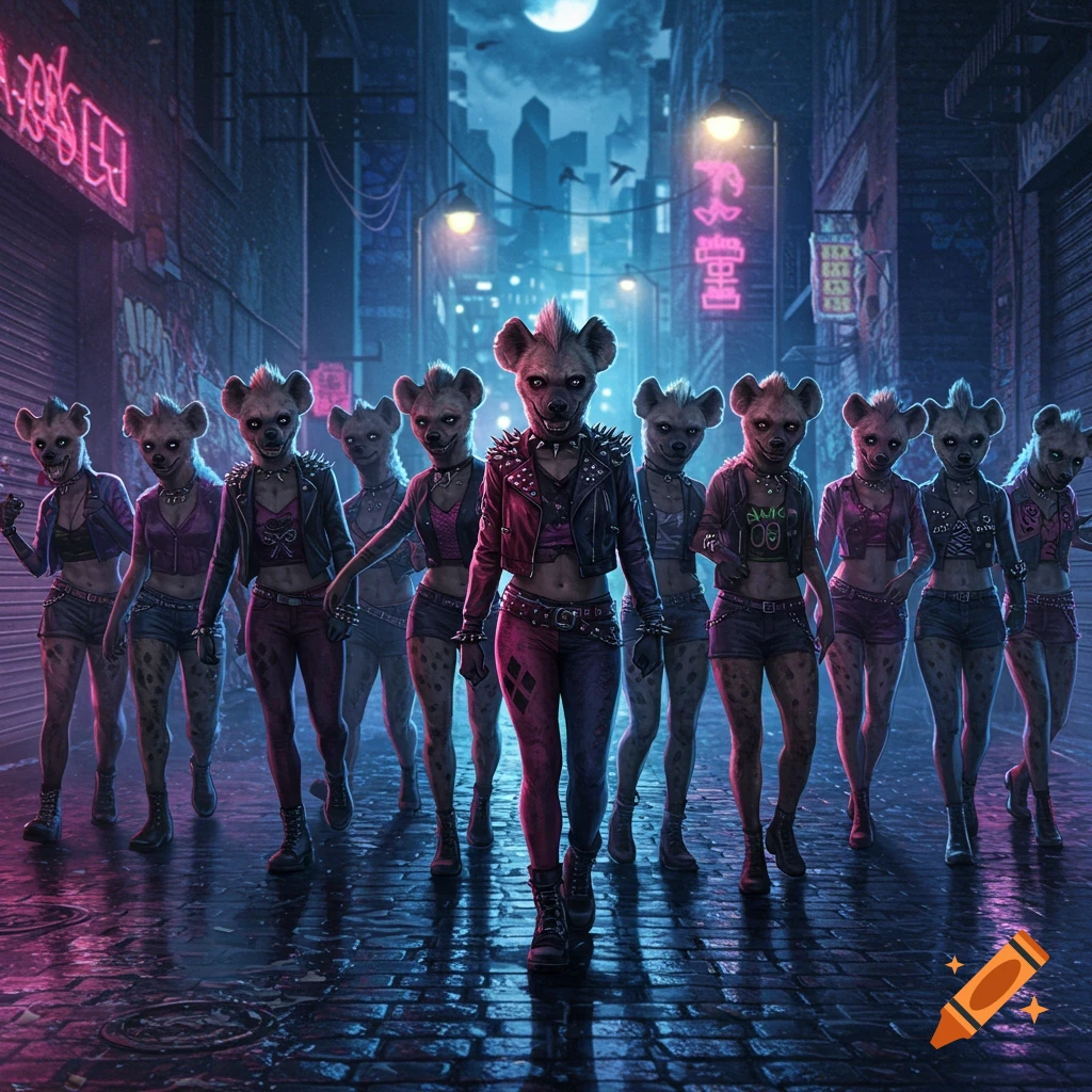 A group of hyena-human hybrids in punk clothing walk down a dark, neon-lit city street at night under a full moon.