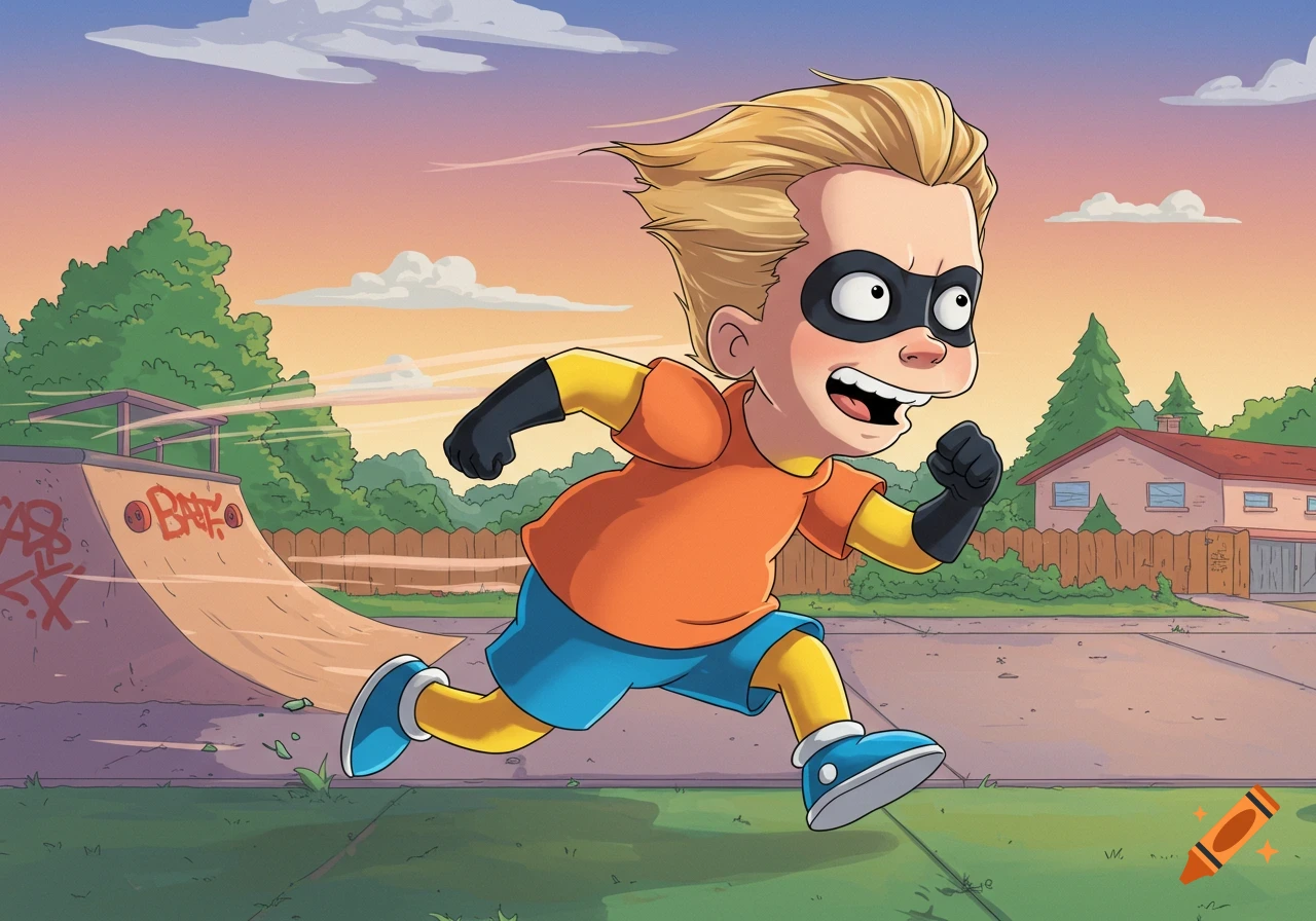 A cartoon boy resembling Dash from The Incredibles wearing Bart Simpson's clothes runs past a graffiti-covered skate ramp in a suburban setting at sunset.