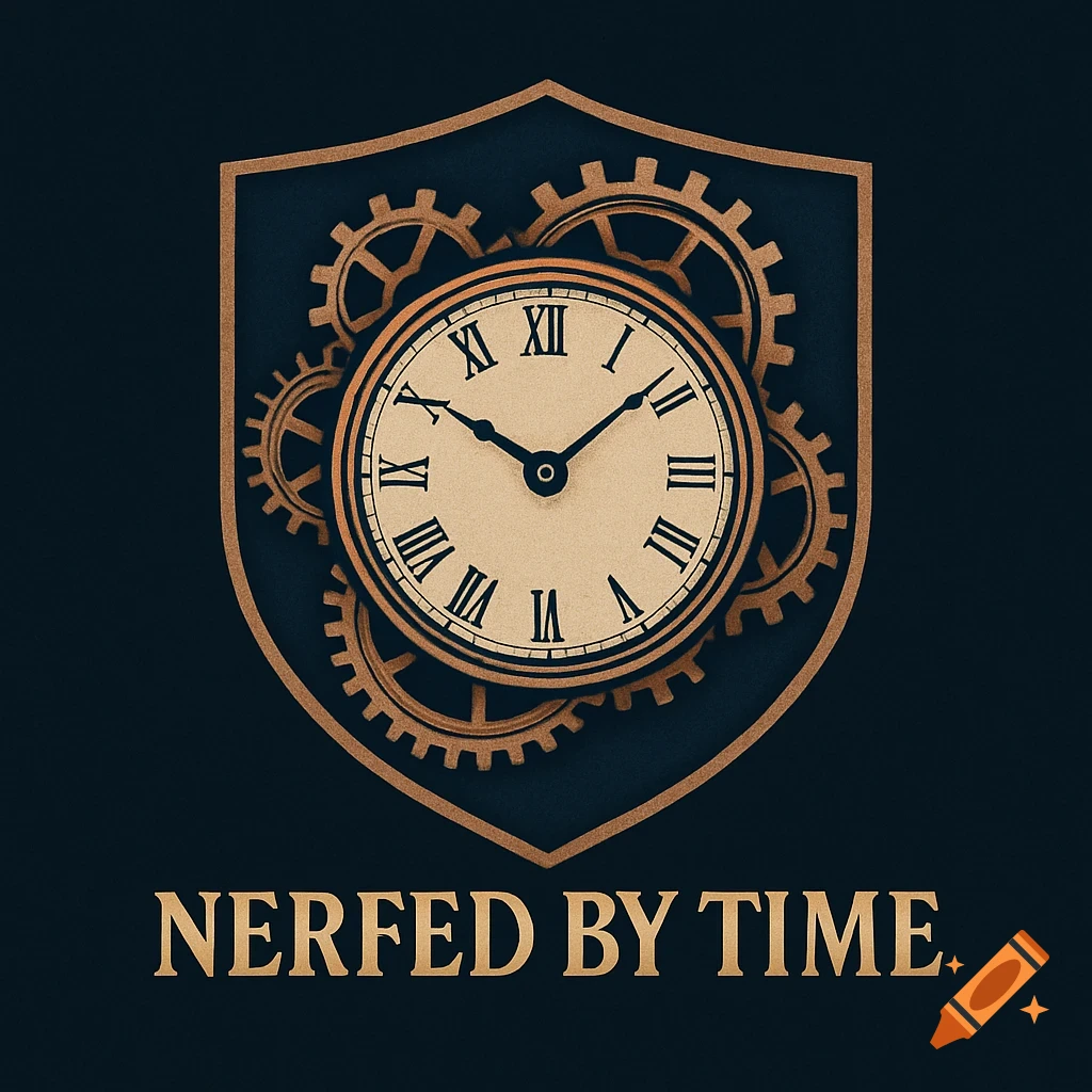 Logo featuring a vintage clock with Roman numerals and gears inside a shield, with the text 'NERFED BY TIME' below.