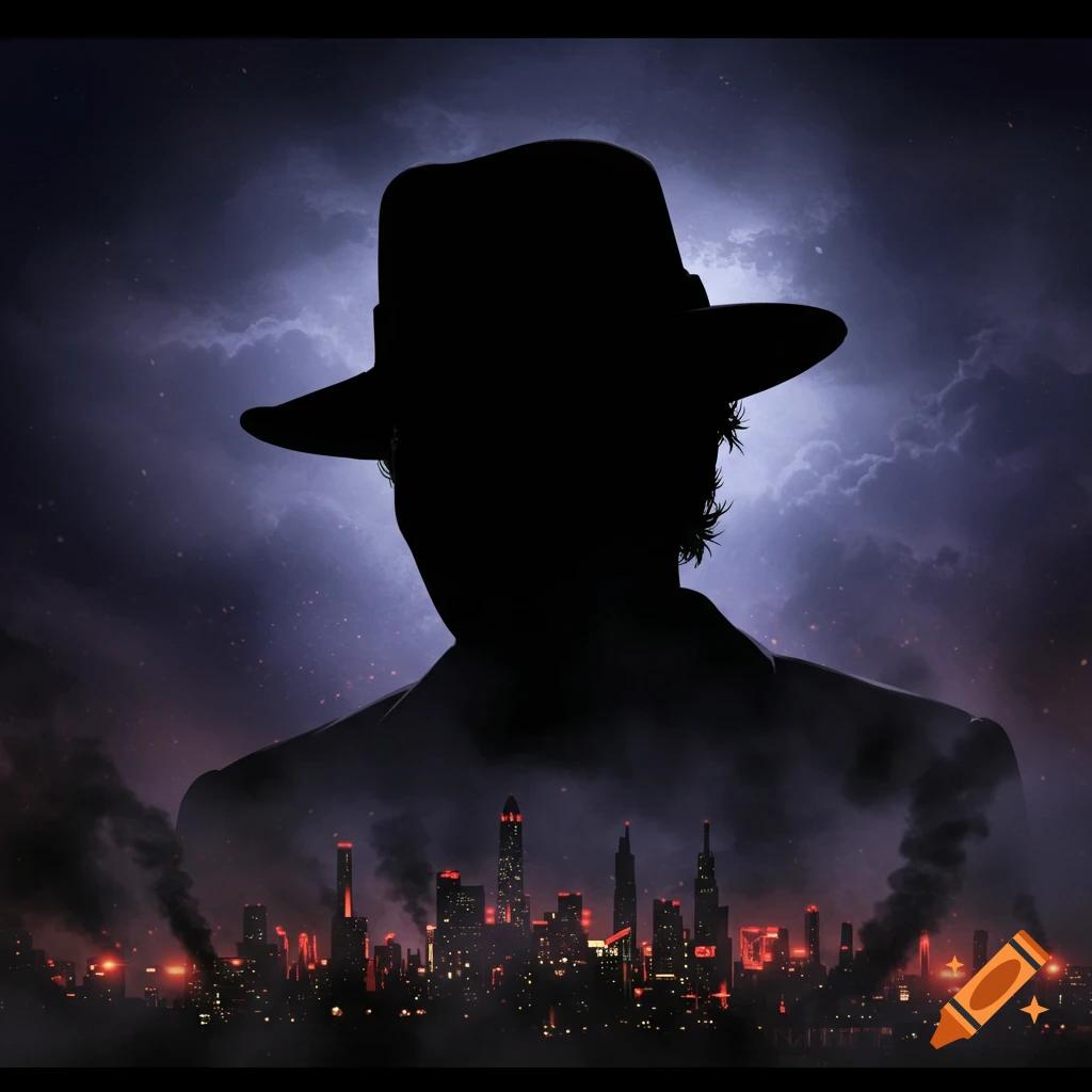 A black silhouette of a man in a fedora hat against a dark, stormy sky, with a glowing red cityscape visible inside his body.