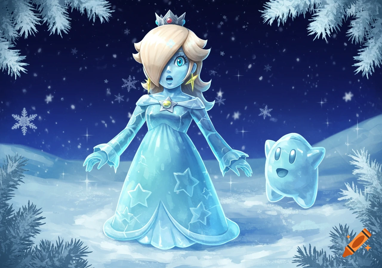 Rosalina and a Luma, frozen in ice, stand surprised in a snowy winter wonderland.