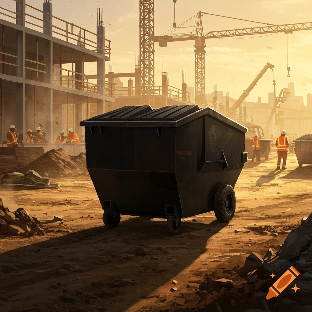 A large black roll-off dumpster sits in the foreground of a dusty construction site with workers, cranes, and building structures under a golden sunset sky.