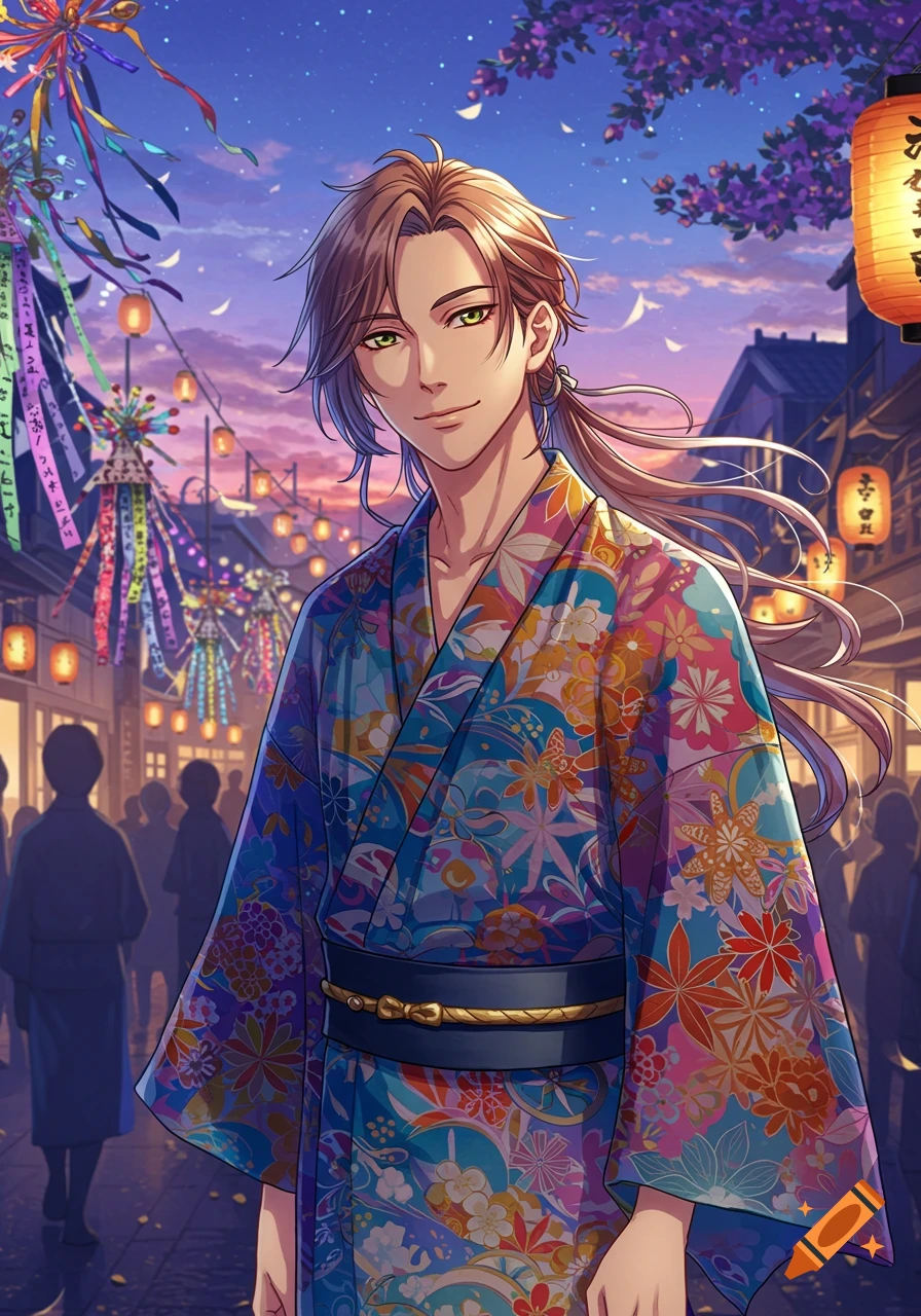 An anime-style man with long brown hair in a colorful yukata stands on a lively street decorated for a Japanese festival at twilight.