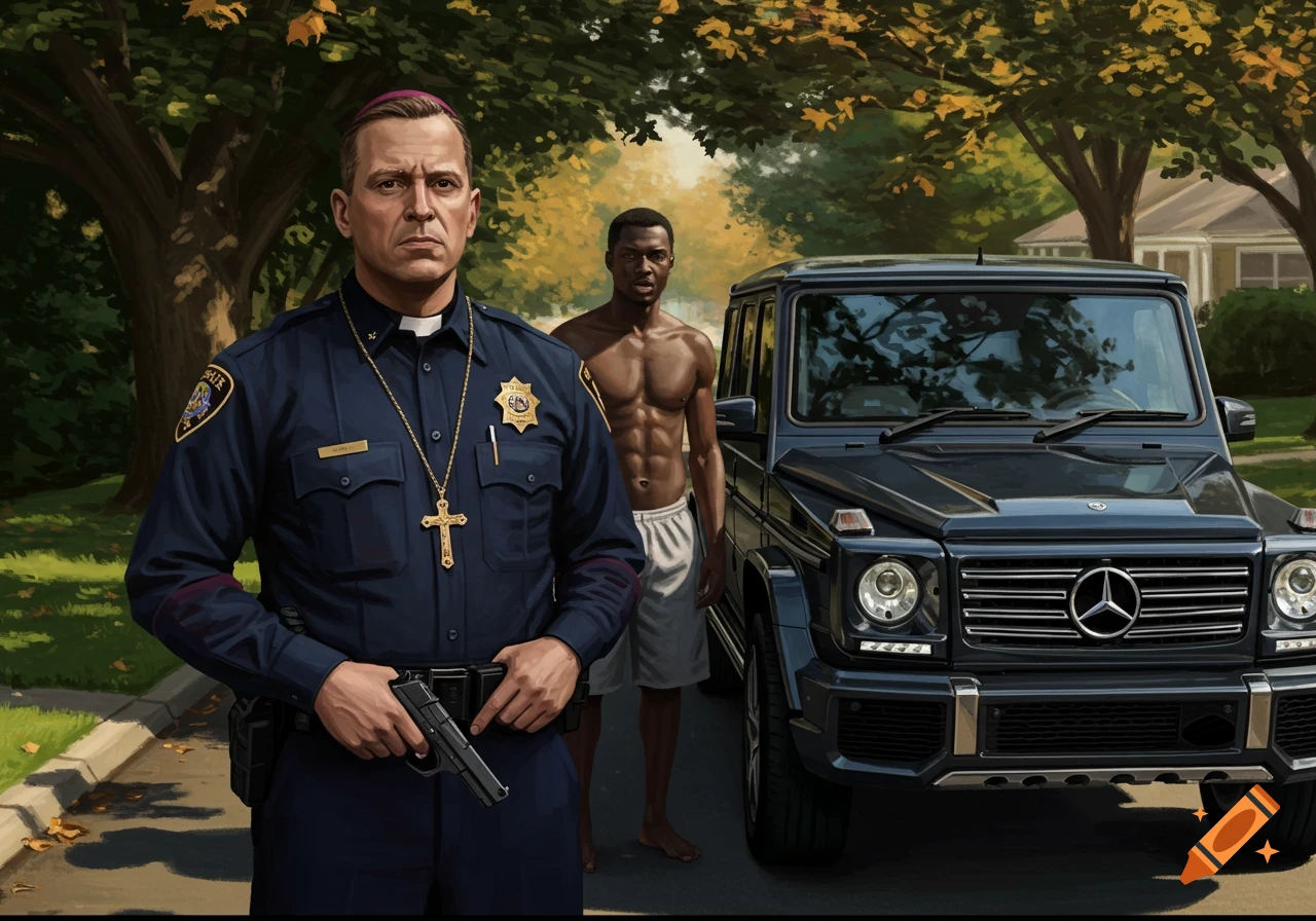 A police officer with a cross necklace holds a gun while a shirtless man stands by a black Mercedes G-wagon on a tree-lined street.