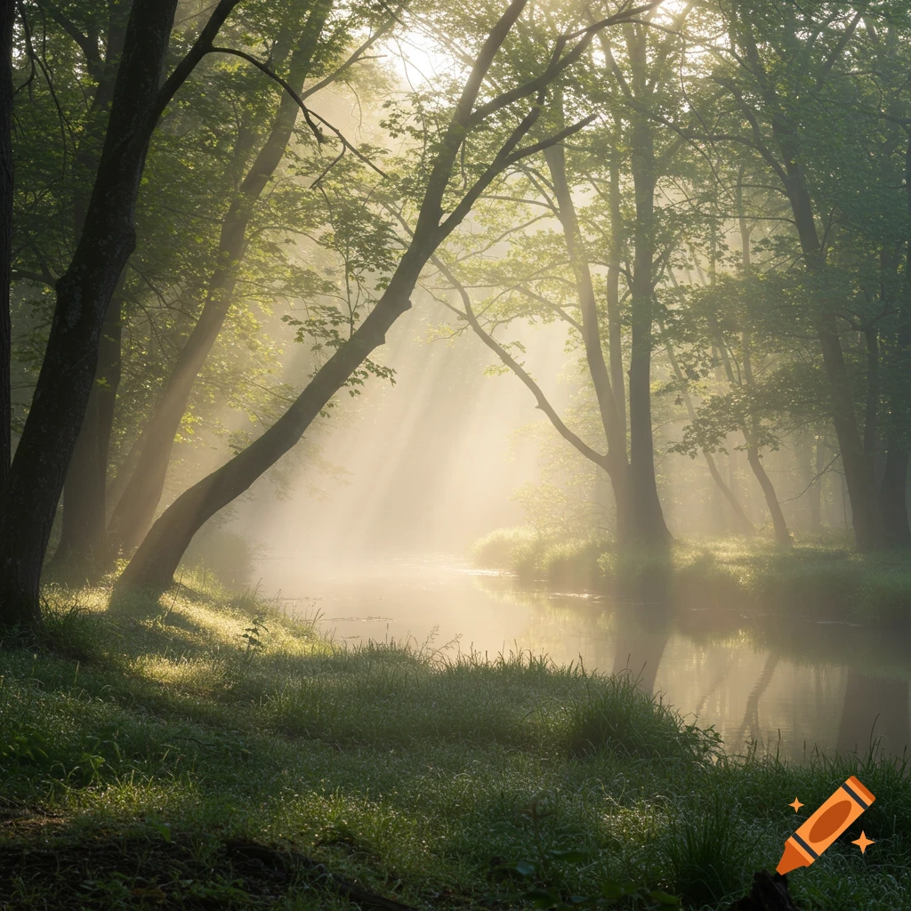 Sun rays pierce through mist over a river in a lush, green forest.