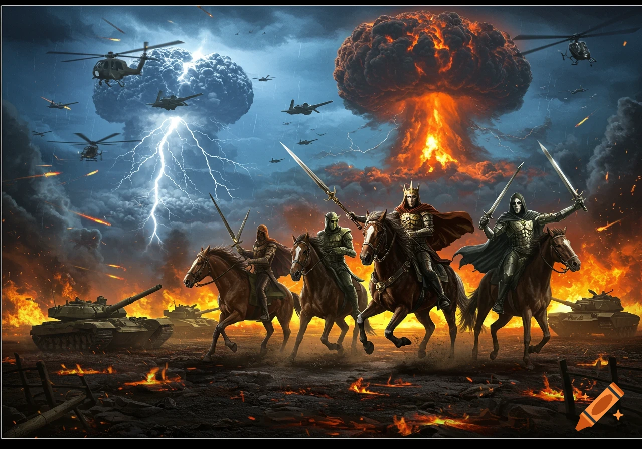 Four armored horsemen ride across a burning battlefield with tanks, helicopters, and planes under a stormy sky with lightning and nuclear explosions.