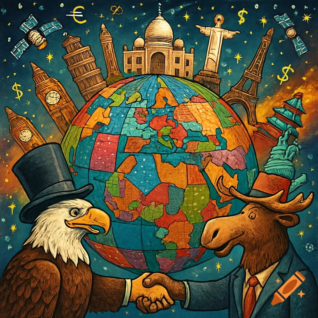 A cartoon eagle and moose in suits shake hands in front of a colorful globe surrounded by world landmarks and currency symbols.