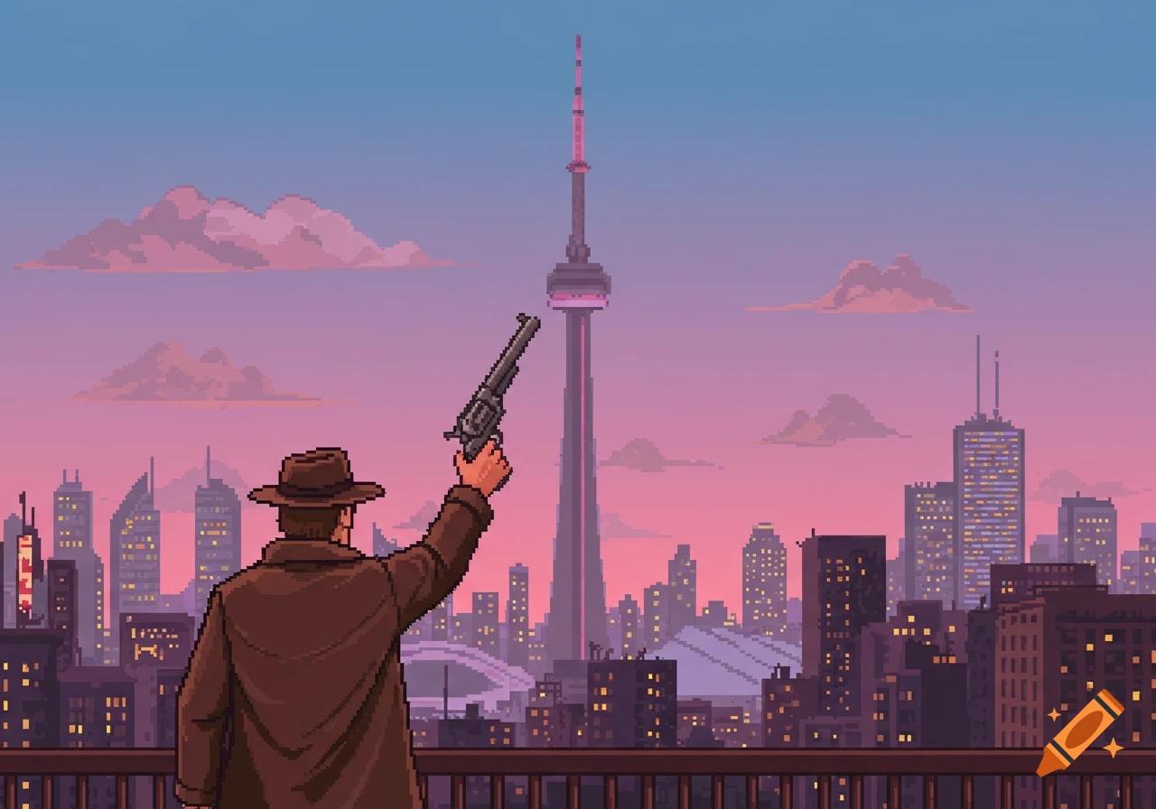 A pixel art image of a person in a trench coat and hat holding a gun towards the pixelated Toronto cityscape and CN Tower at sunset.
