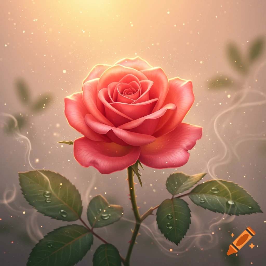 A vibrant pink rose with water droplets on its leaves glows under a soft light with sparkling particles around it.