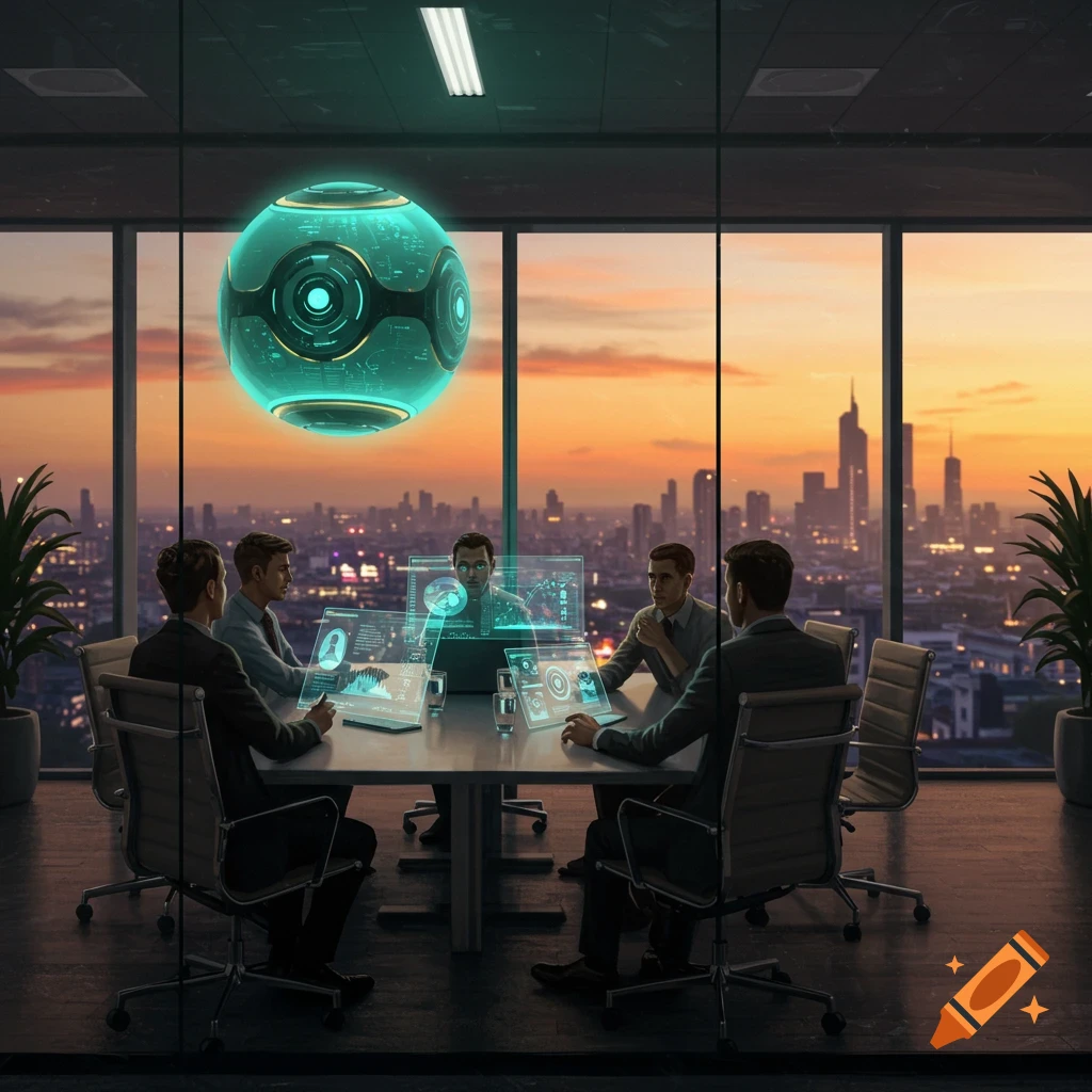 Five men in an office meeting with a glowing futuristic sphere and holographic displays, overlooking a city skyline at sunset.