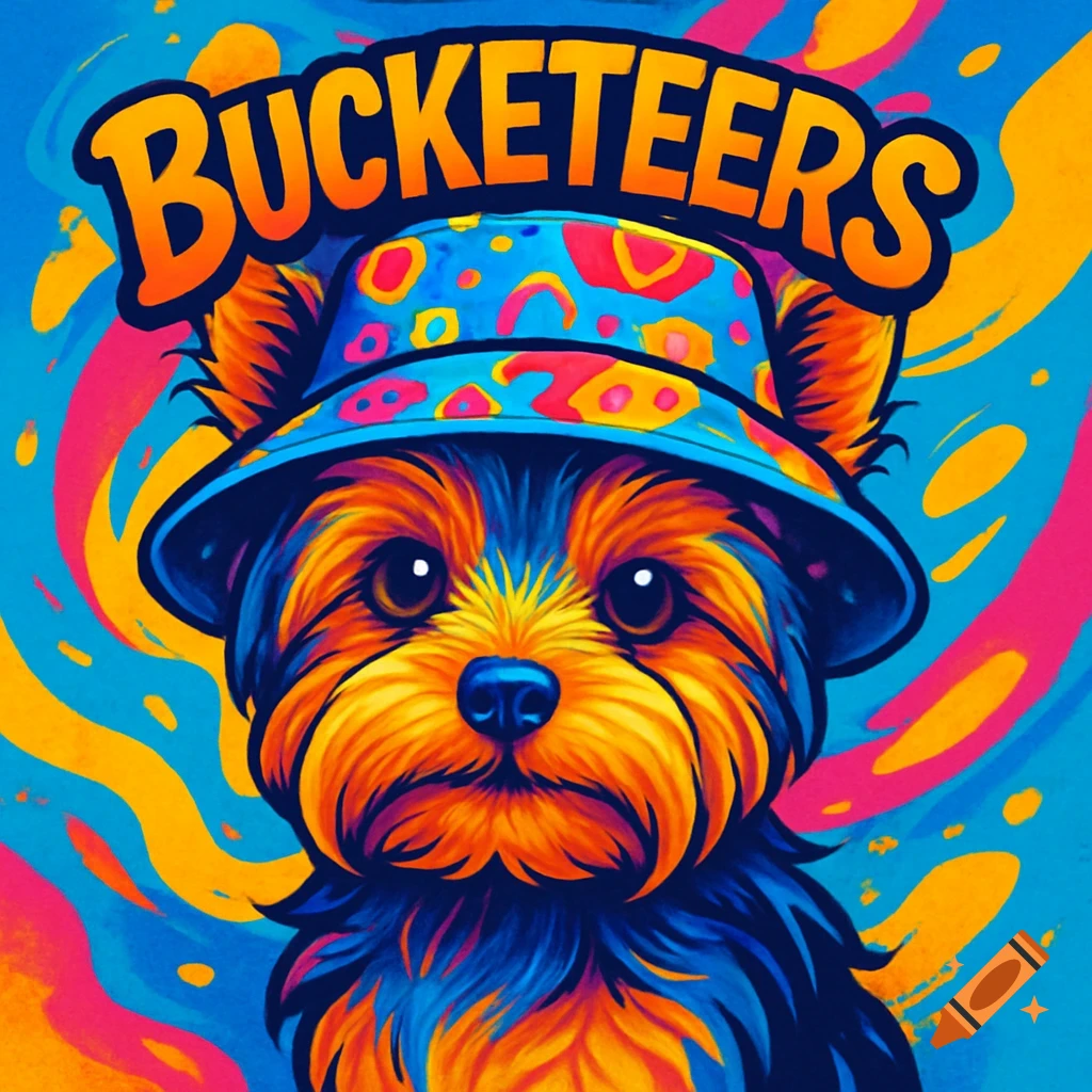 A vibrant, cartoon-style depiction of a Yorkshire terrier wearing a colorful bucket hat, with "BUCKETEERS" text above its head.