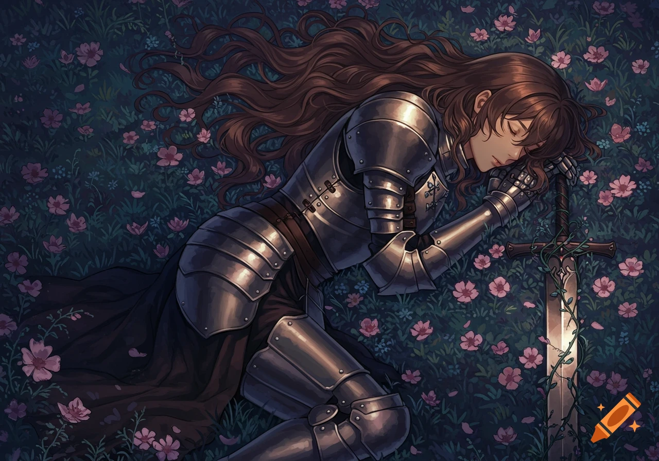 Anime drawing of a female knight with long brown hair sleeping in a field of pink wildflowers, a sword beside her.